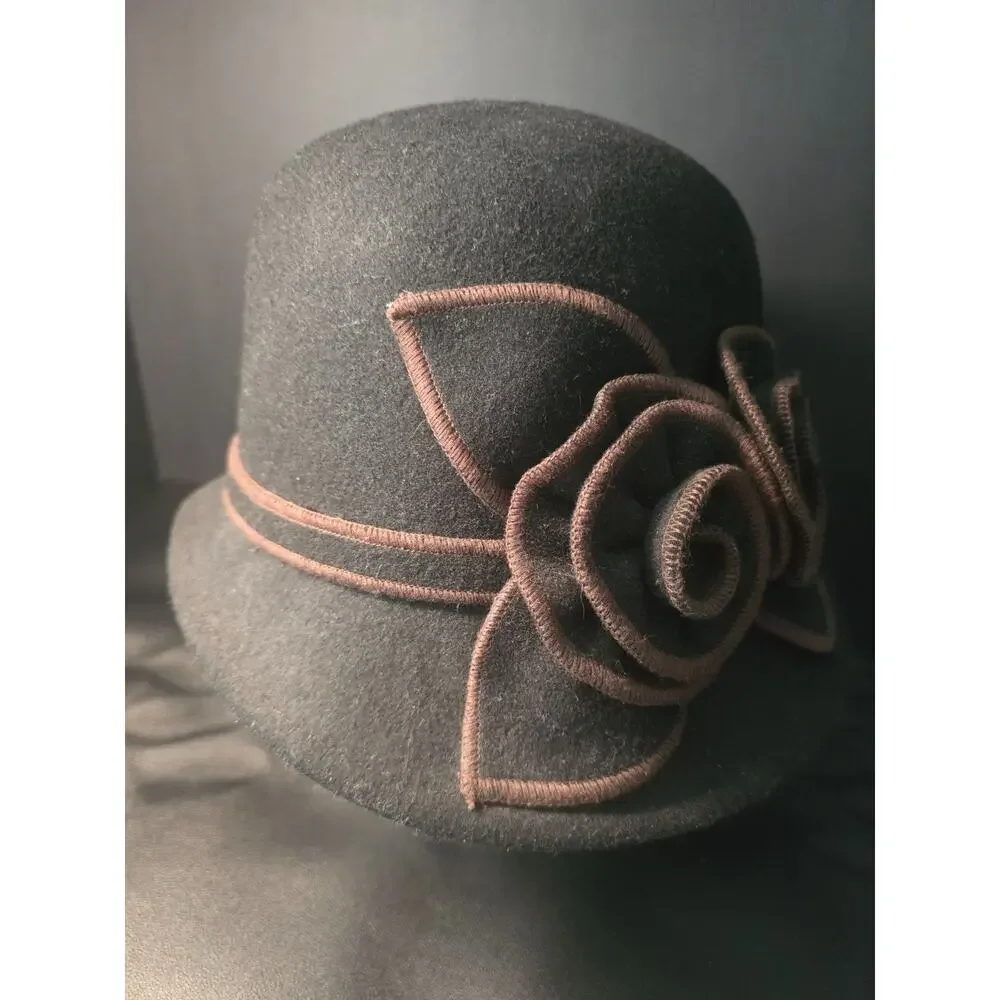 Ladies 1930 Style Brown Felt Bucket Hat w/2 Flowers 100% Wool